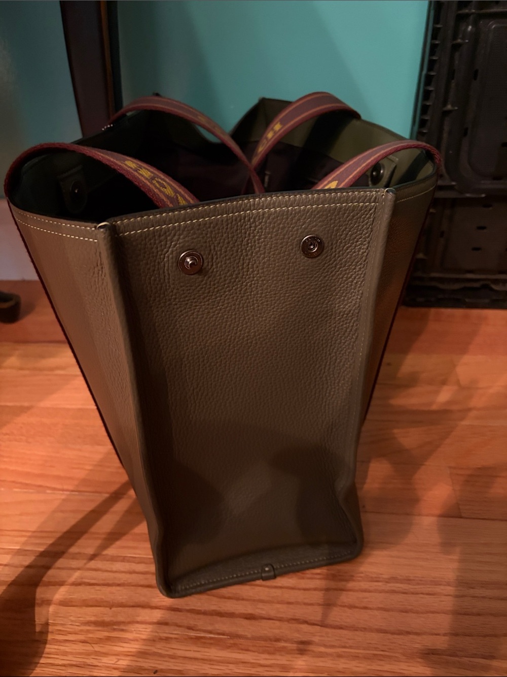 Coach Olive Green Leather Tote with Maroon Branded Straps - Picture 2 of 3